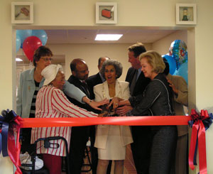 Dean Meleis (center) and Judge Marjorie Rendell (at right)  along with other invited guests cut the ribbon at the grand opening for the LIFE  Center.