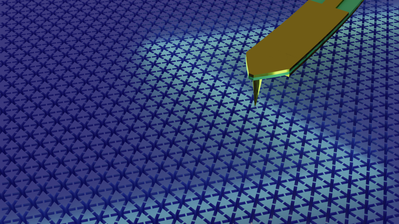 Schematic of a perfectly transmitted topological acoustic wave being imaged using a microwave microscope.