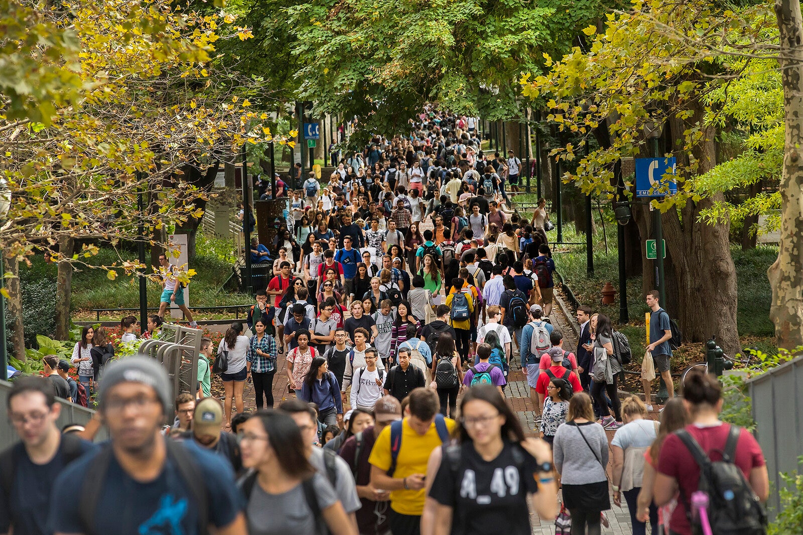 students walking on a crowded locust walk