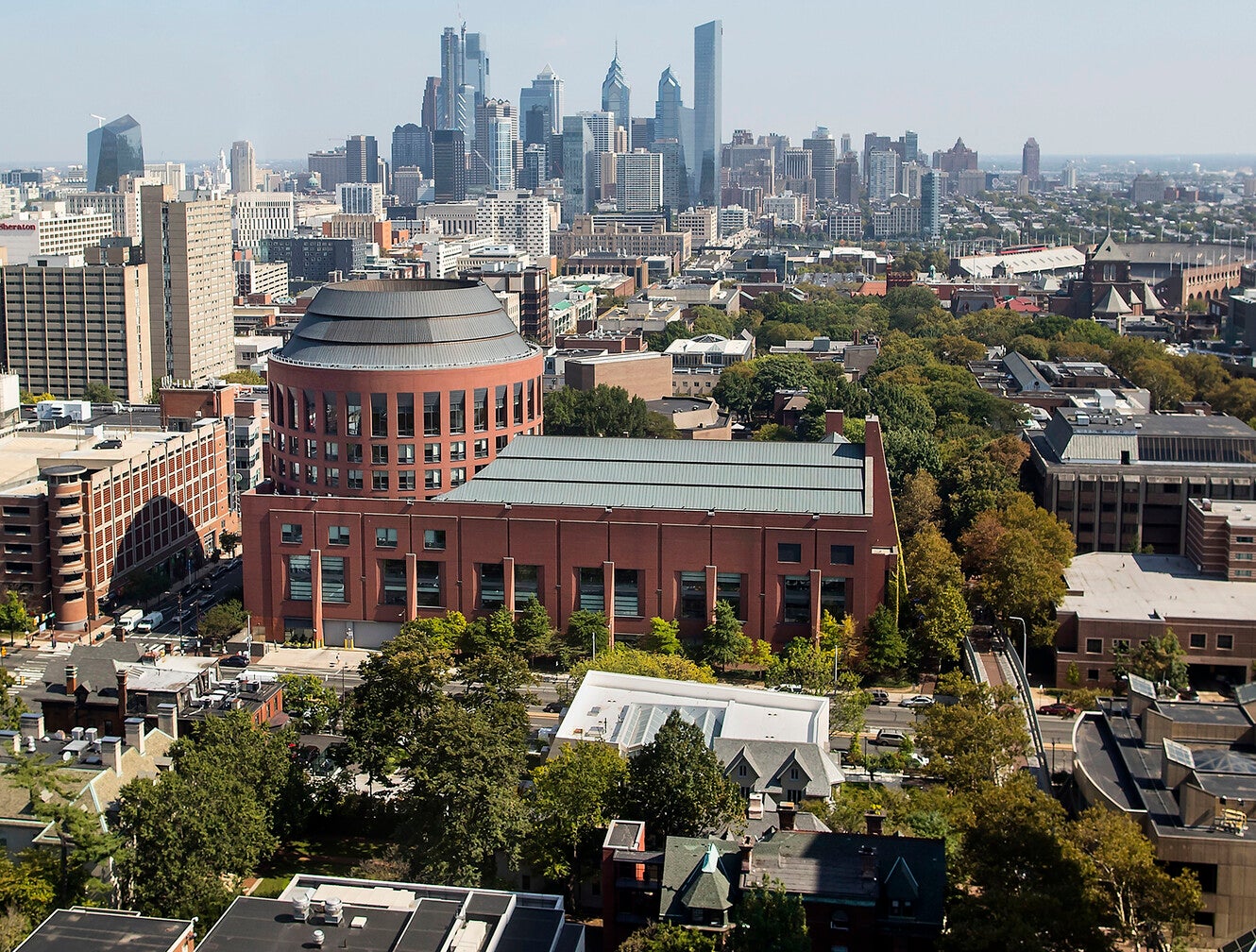 huntsman hall with philly skyline