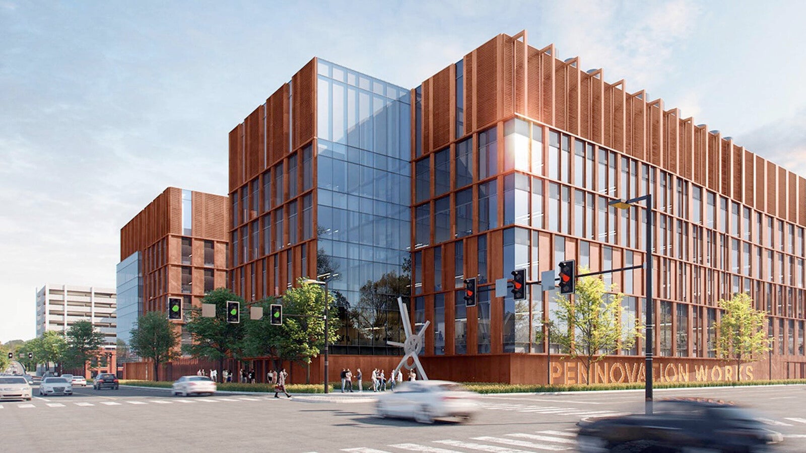 A view of the new research, development, and biomanufacturing facility from the intersection of Grays Ferry Avenue and 34th Street on the Pennovation Works property.