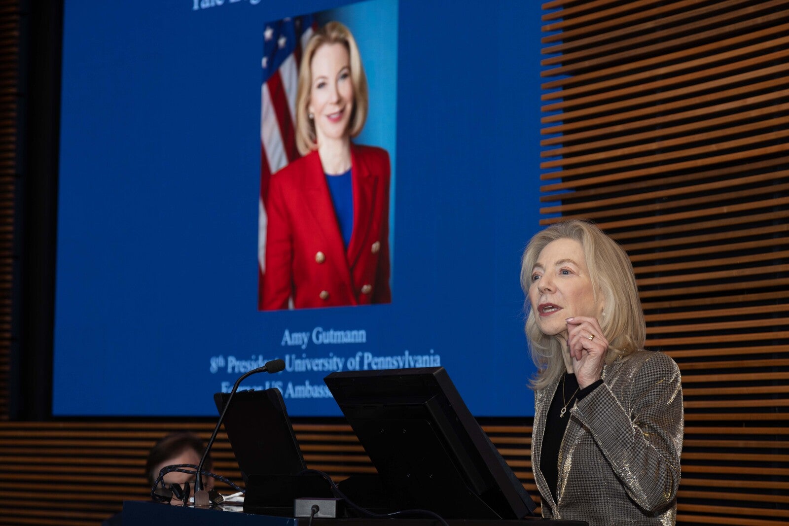 amy gutmann speaking during yale leadership award