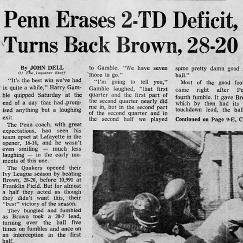 Newspaper with a headline that reads "Penn Erases 2-TD deficit, Turns Back Brown, 28-20