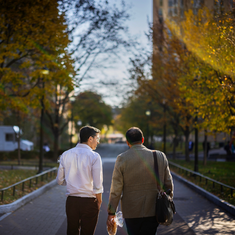 Harun Küçük, faculty director of the Middle East Center, (right) and Joshua Teplitsky, director of the Jewish Studies Program, at the end of a recent campus walk.
