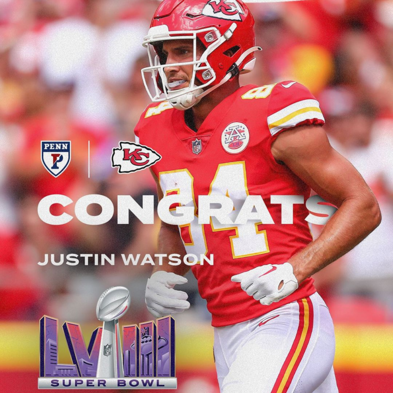 Congratulations graphic featuring Wharton Alumni and NFL athlete Justin Watson