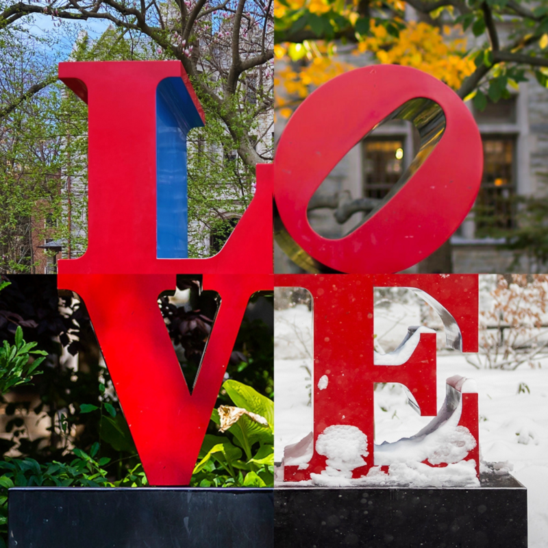 LOVE sculpture by Robert Indiana on UPenn's campus split into four quadrants each featuring one season of the four seasons.