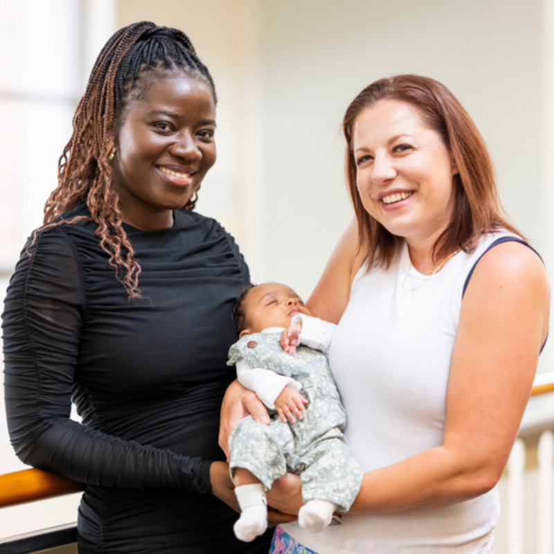 Emma Dolezal (left) and her infant daughter Emma met Sara Leister, who donated her uterus through Penn Medicine’s Uterus Transplant Program.