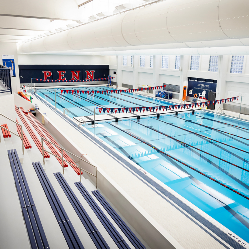A wideshot of the Sheer Pool on the University of Pennsylvania's campus from the top of the fan seating.