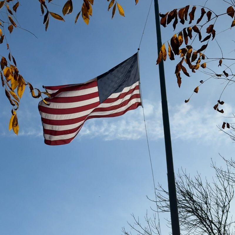US Flag waving in the wind above Penn's campus.
